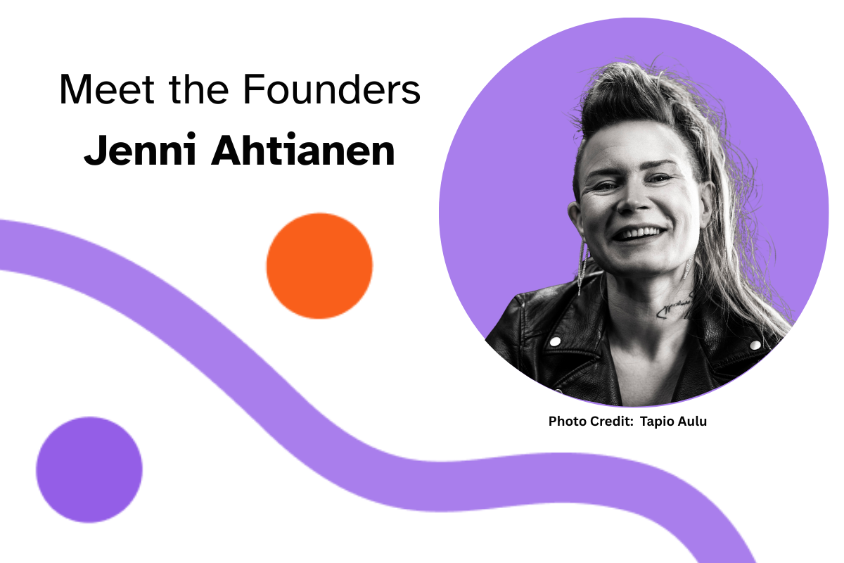 Photo of Jenni Ahtianen floats inside a purple circle with Never Grey branding. Photo Credit: Tapio Aulu